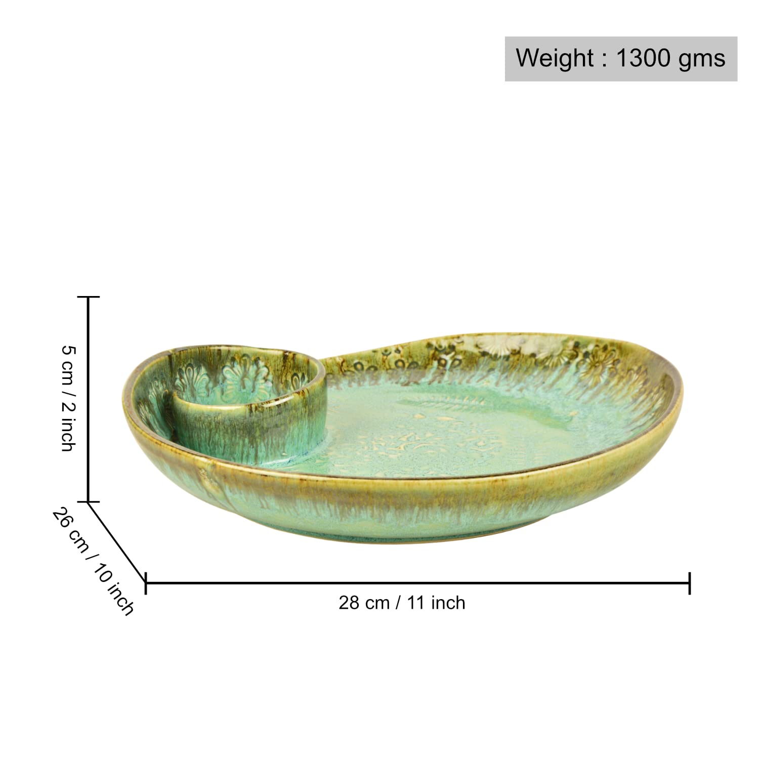 Luxurious Hand Embossed Ceramic Chip & Dip Platter With Fixed Dip Bowl - Turquoise Green, 11 Inches, 1300 Gm | Starter Serving Platter - Kebab Platter