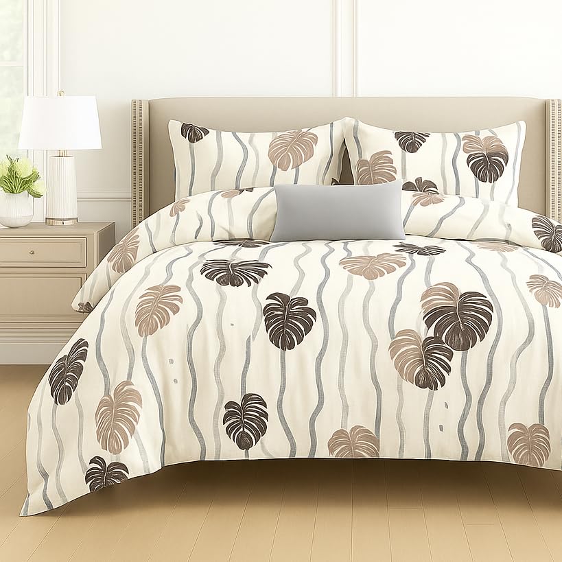 Printed Double Bedsheet For Super King Size With 2 Matching Pillow Covers - 108 X 108 Inches, Cream & Brown | 300 Thread Count Skin Friendly & Luxuriously Smooth To Touch Bedsheet