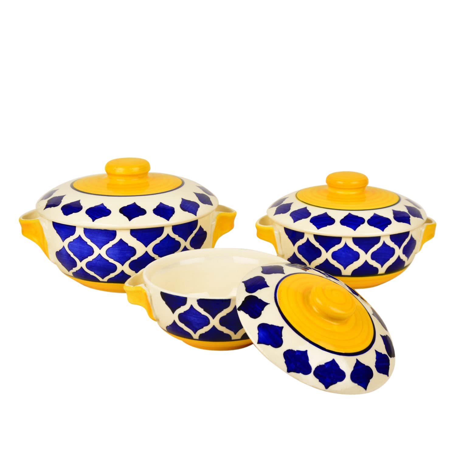 Hand Painted Large Ceramic Serving Donga Set With Lid & Handle Set Of 3 - Blue & Yellow, 1200ml, 1000ml & 800ml | Casserole Set - Dinner Serving Bowls With Lid