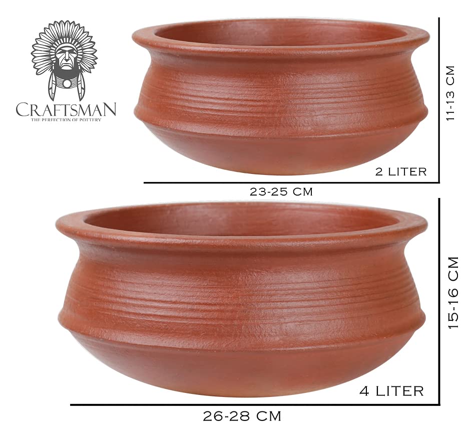 Deep Burned Uncoated Clay Pot Or Mitti Handi Combo With 2 Wooden Spatulas Complimentary Pack Of 2 - Red, 1 + 2 Liters | Pre-Seasoned Mud Pot - Unglazed, Double Fired, Hand Crafted