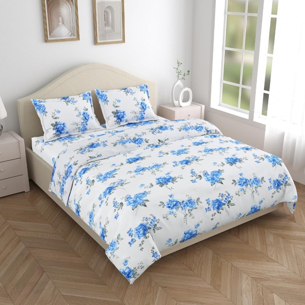 Flat Bedsheet Queen Size Bed With 2 Pillow Covers - 100 X 90 Inches, White & Blue | Soft, Breathable & Durable | Skin-Friendly & Durable