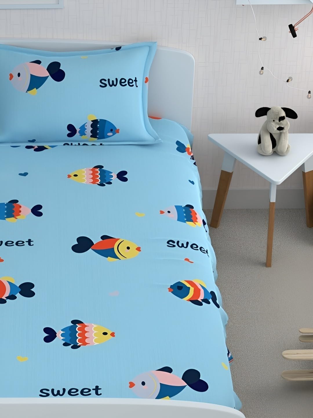Cartoon Printed Single Bedsheet With One Pillow Cover - 60 X 90 Inches, Aqua | 300 Thread Count - Wrinkle Free Soft Perfect For Everyday Use
