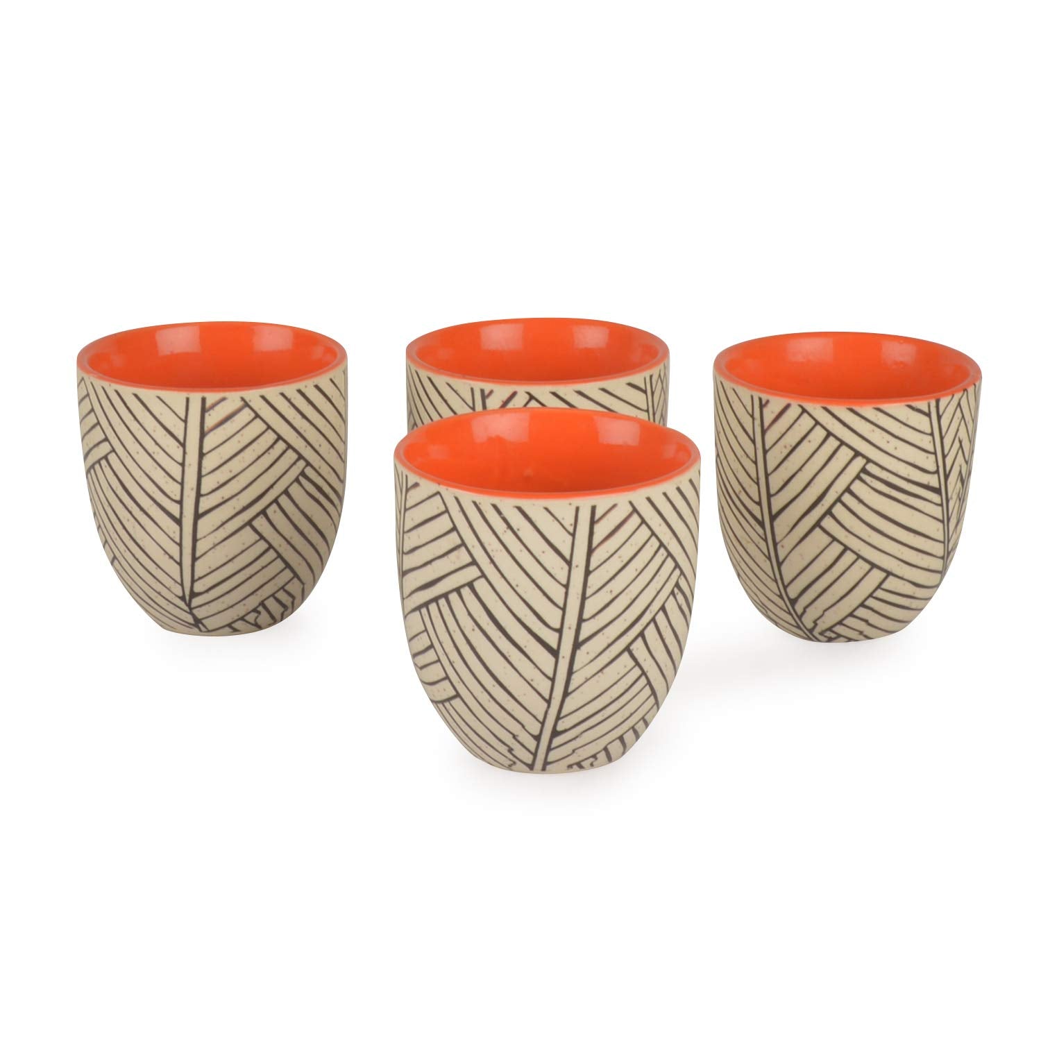 White Matt Line Pattern Chai Tea Kullads In Ceramic Set Of 4 - 200ml Each | Tea Glasses - Cutting Chai Glasses | Kullad Tea Cups