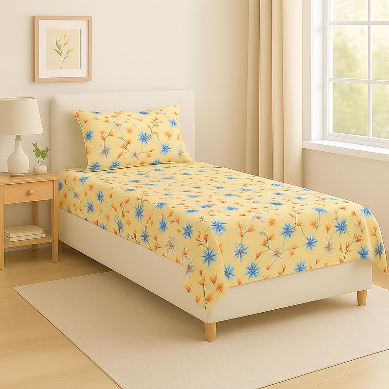 Single Bedsheet With 1 Pillow Cover - Size 90 X 60 Inches, Beige & Blue | Soft Touch Cotton Fabric-Comfortable & Durable | Elegant Printed Bedding Set For Daily Use