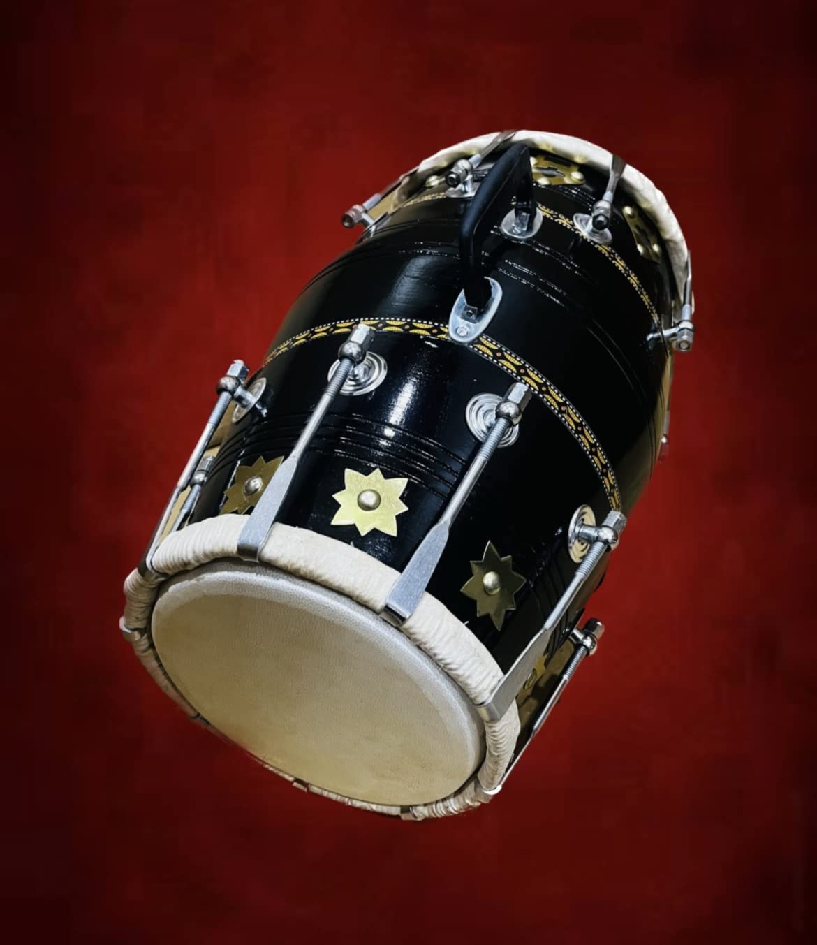 Classical Dholak Nut & Bolt With Bag & Belt - Black | Perfectly Symmetric Round Dholak - Dholak For Festival, Wedding, Satsang | Very Easy To Tune, Best Toy For Kids