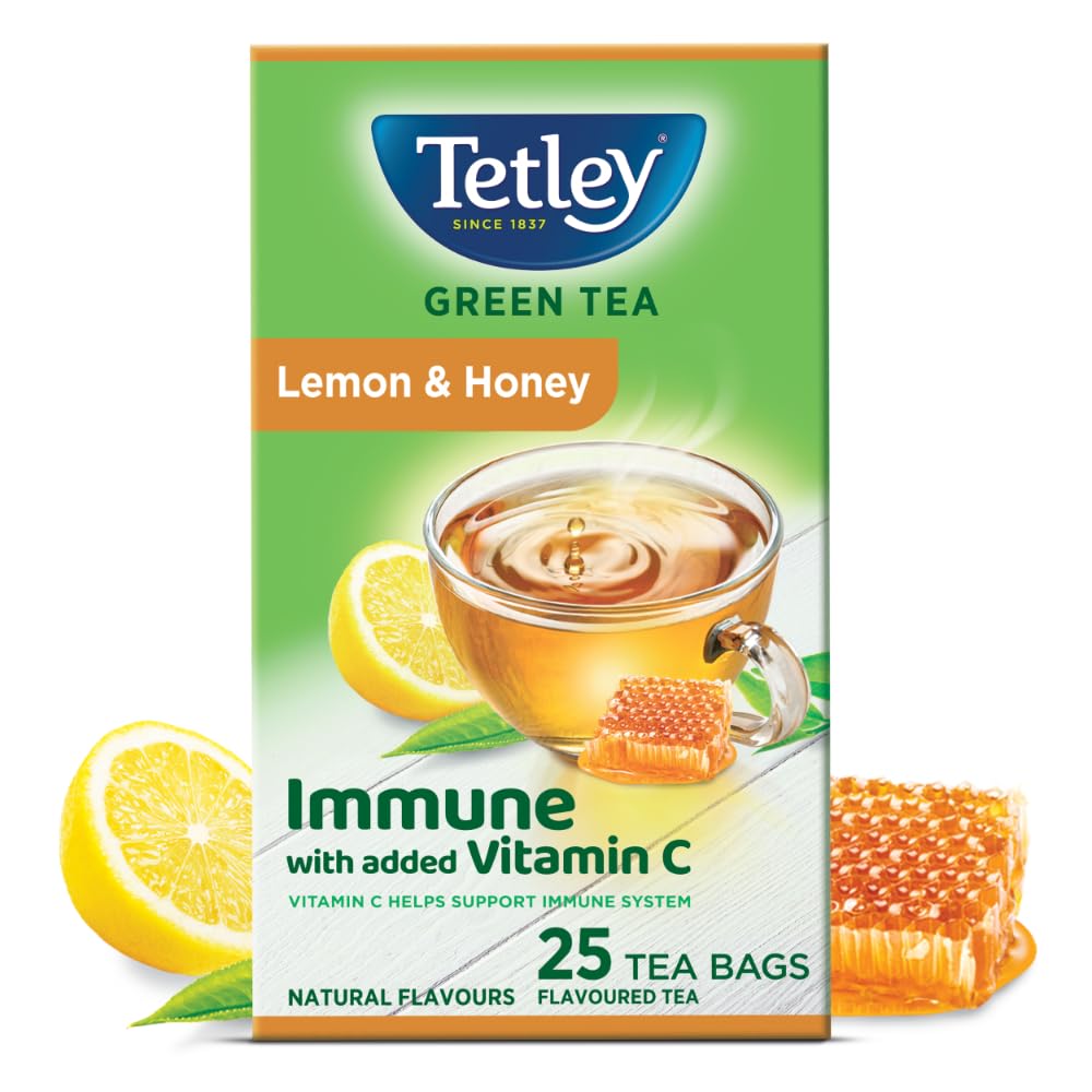 Tetley Lemon & Honey Green Tea - 25 Tea Bags Envelopes | Immune With Added Vitamin C - Rich In Antioxidants, Medium Caffeine