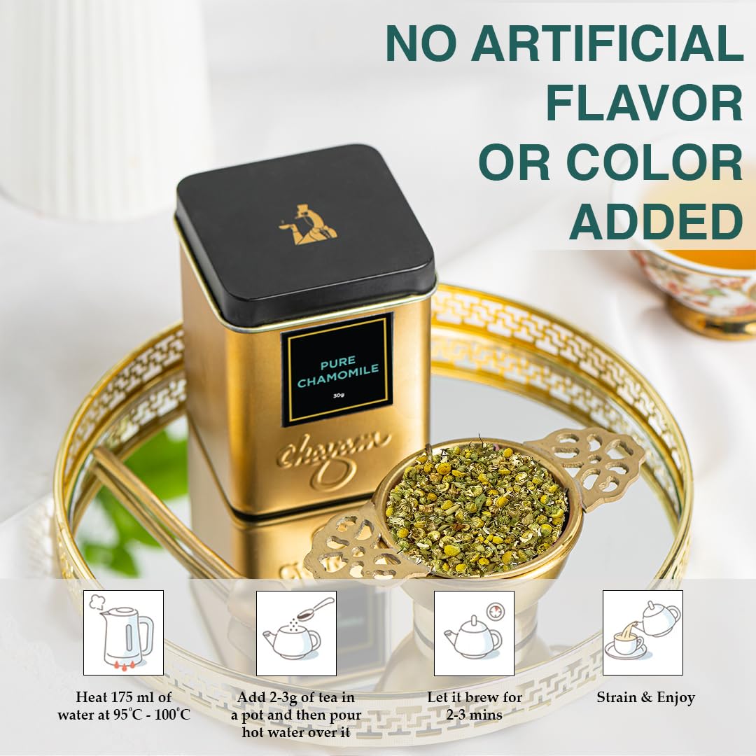 Chayam Pure Chamomile Tea - 30gm Tin Caddy, 1.05 Ounce | Sleep & Stress Relief, Calming Bedtime Herbal Tea - Pure Whole Chamomile Flowers | Caffeine Free