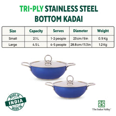 Coloured Stainless Steel Kadai With Steel Lid - Blue, Medium 23cm, 9 Inch, 2.1 Liters, 0.9 Kg | Induction Friendly, Nonstick 3-Layer Bottom, 100% Pure & Toxin-Free, No Chemical Coating