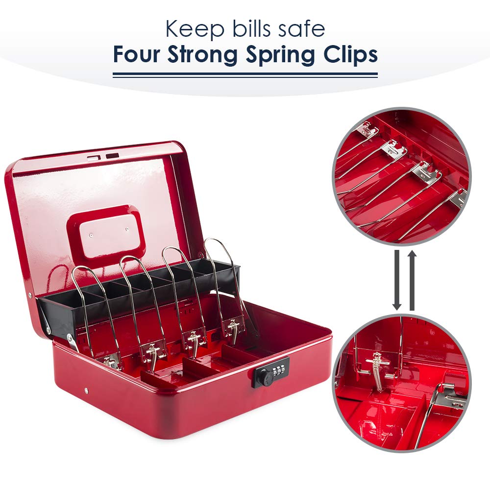 Money Box With Combination Lock, Metal Cash Box With Money Tray, Cash Register,5 Compartments Cantilever Tray & 4 Spring Loaded Clips For Bills,11.81"X 9.45"X 3.54" Colour - Red