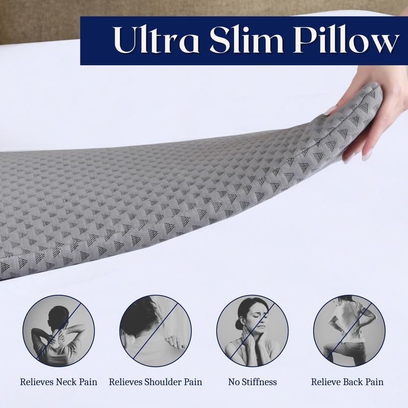 Ultra Slim Pillow, Memory Foam Pillow For Sleeping - 25.5 X 16.5 X 1 Inch | Thin Cervical Pillow For Neck Pain Relief - Thinnest Orthopedic Pillow, Suitable For All Sleepers - Pack Of 2
