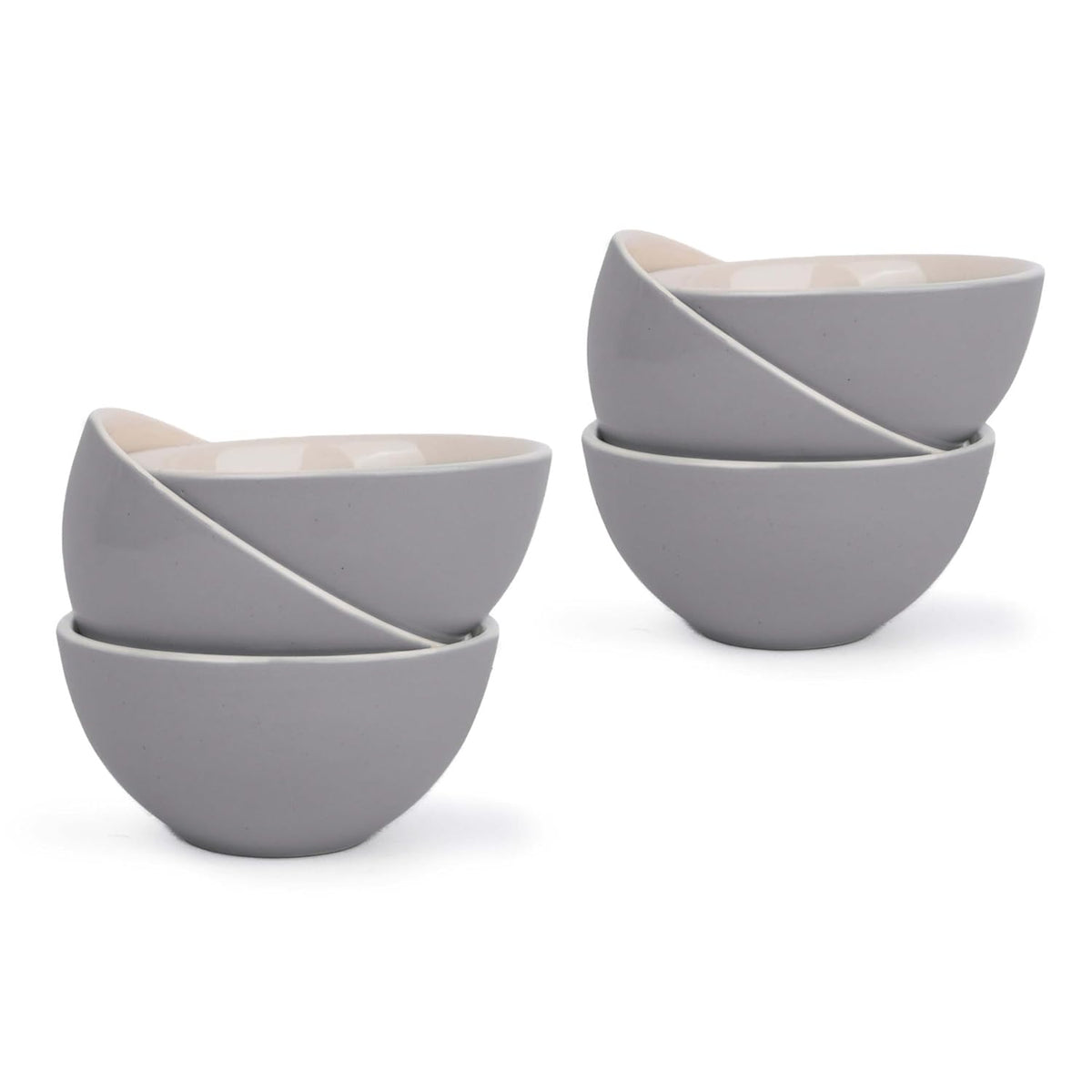 Ceramic Veg Bowls Set Of 6 For Dinner - 180ml Each, Grey Ivory Rim Series | Katori Set With Glossy Finish | Stoneware Ceramic Bowls Set - Dessert Bowl Set