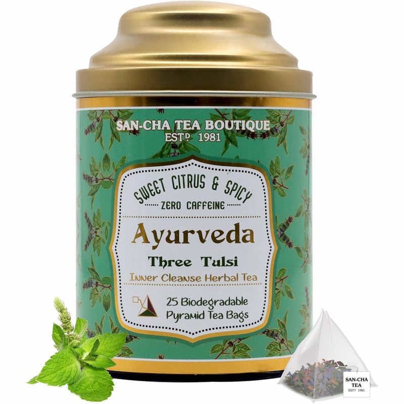 San-Cha Ayurveda Three Tulsi Herbal Tea - 25 Biodegradable Pyramid Tea Bags | Sweet Citrus & Spicy Inner Cleanse Herbal Tea - Zero Caffeine