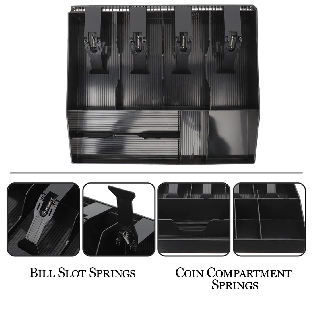Abs Plastic Cash & Check Box, 4 Slots For Cash, Bills, Money & 4 Slots For Coins Cash Tray, 32.2 X 24.5 X 3.5 Cm, Colour - Black