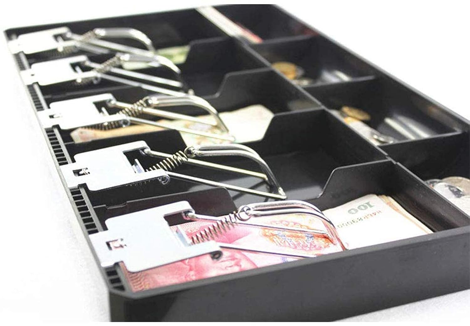 Cash Money Tray 5 Bill 4 Coin Drawer Tray Storage Case With Metal Clip, 40 X 24.4 X 3.5 Cm, Colour - Black, Material - Plastic