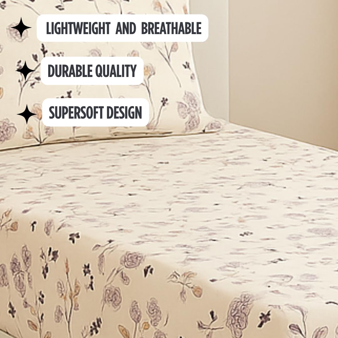 Bedsheet For Single Bed With 1 Pillow Cover - Size 90 X 60 Inches, Beige | Soft Touch Cotton Fabric-Comfortable & Durable | Elegant Printed Bedding Set For Daily Use