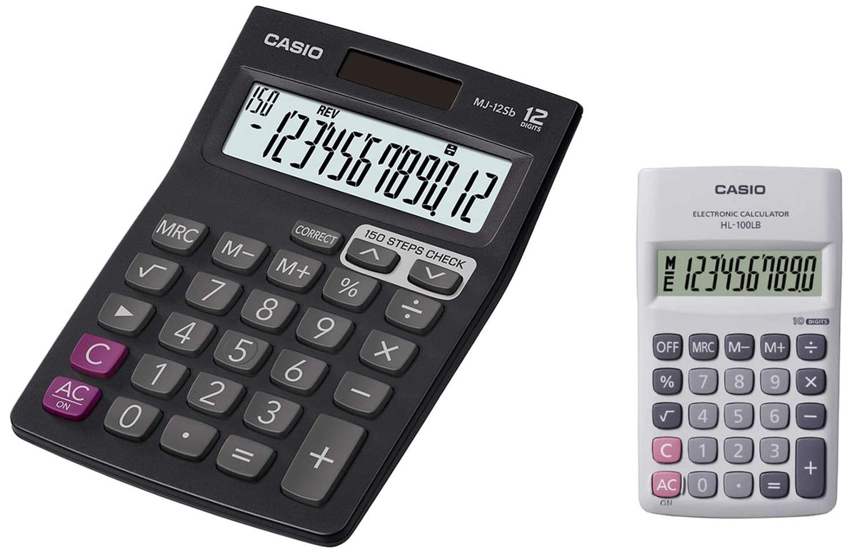 Casio MJ-12SB Desktop Calculator & Casio HL-100LB Portable Calculator | 12 Digits, 150 Steps Check And Correct Calculator