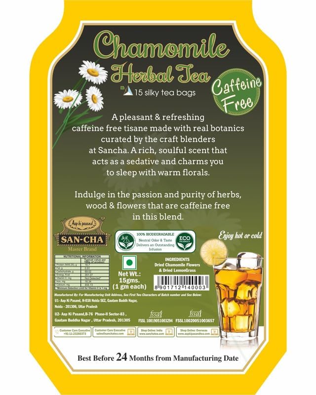 San-Cha Pure Chamomile Herbal Tea - 15 Biodegradable Herbal Tea Bags | Provides Good Sleep, Reduces Stress - Caffeine Free, Environment Friendly