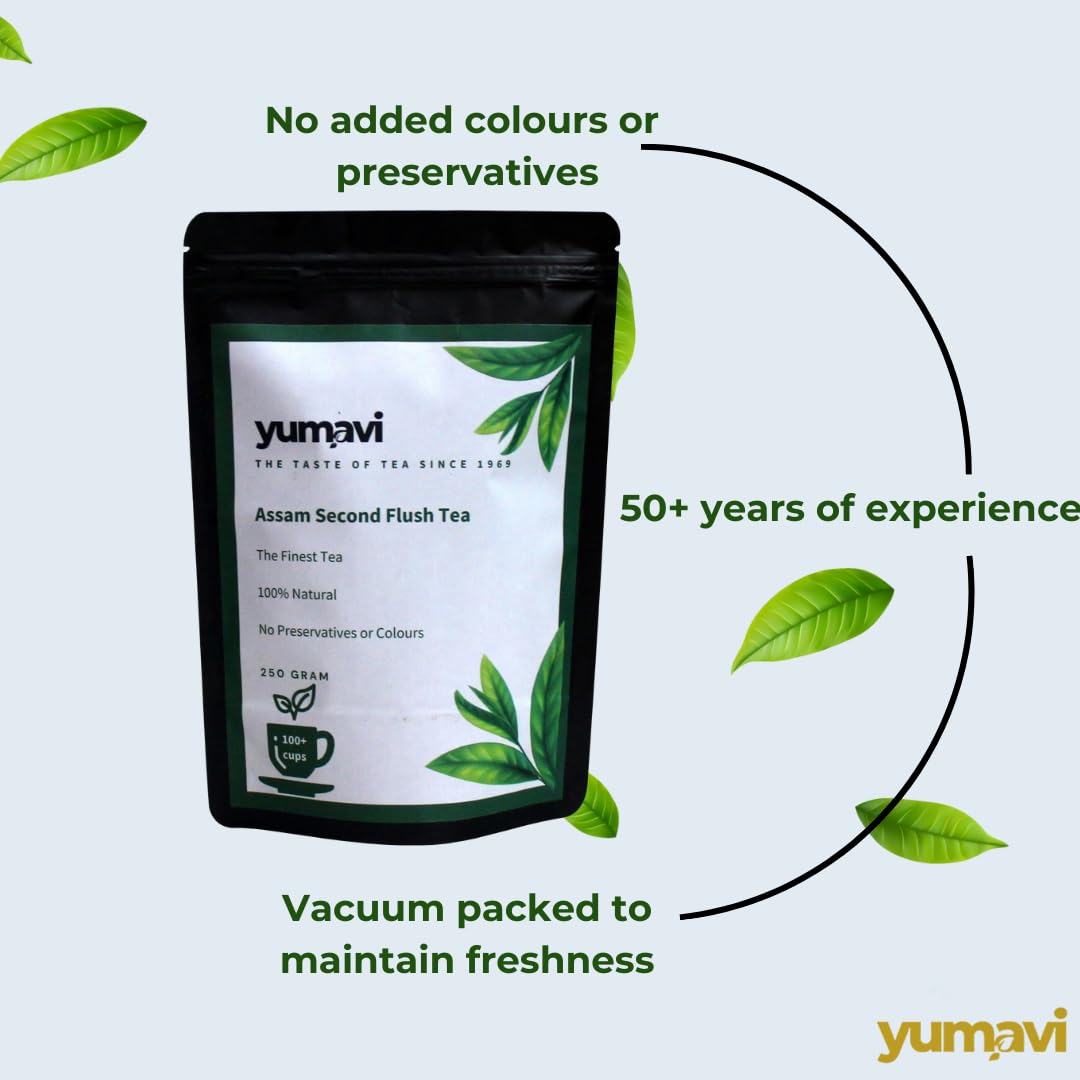 Yumavi Assam Second Flush CTC Tea With Long Leaves - 250gm, 8.8 Ounce, 100+ Cups | Aromatic & Refreshing Kadak Chai - No Preservatives Or Colors, Medium Caffeine