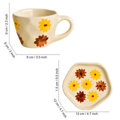 Hand Painted Ceramic Cup & Saucer Set Of 2 - Yellow & Brown, 250ml Each | Microwave Safe Tea Cups & Mugs - Chai Cups & Plates