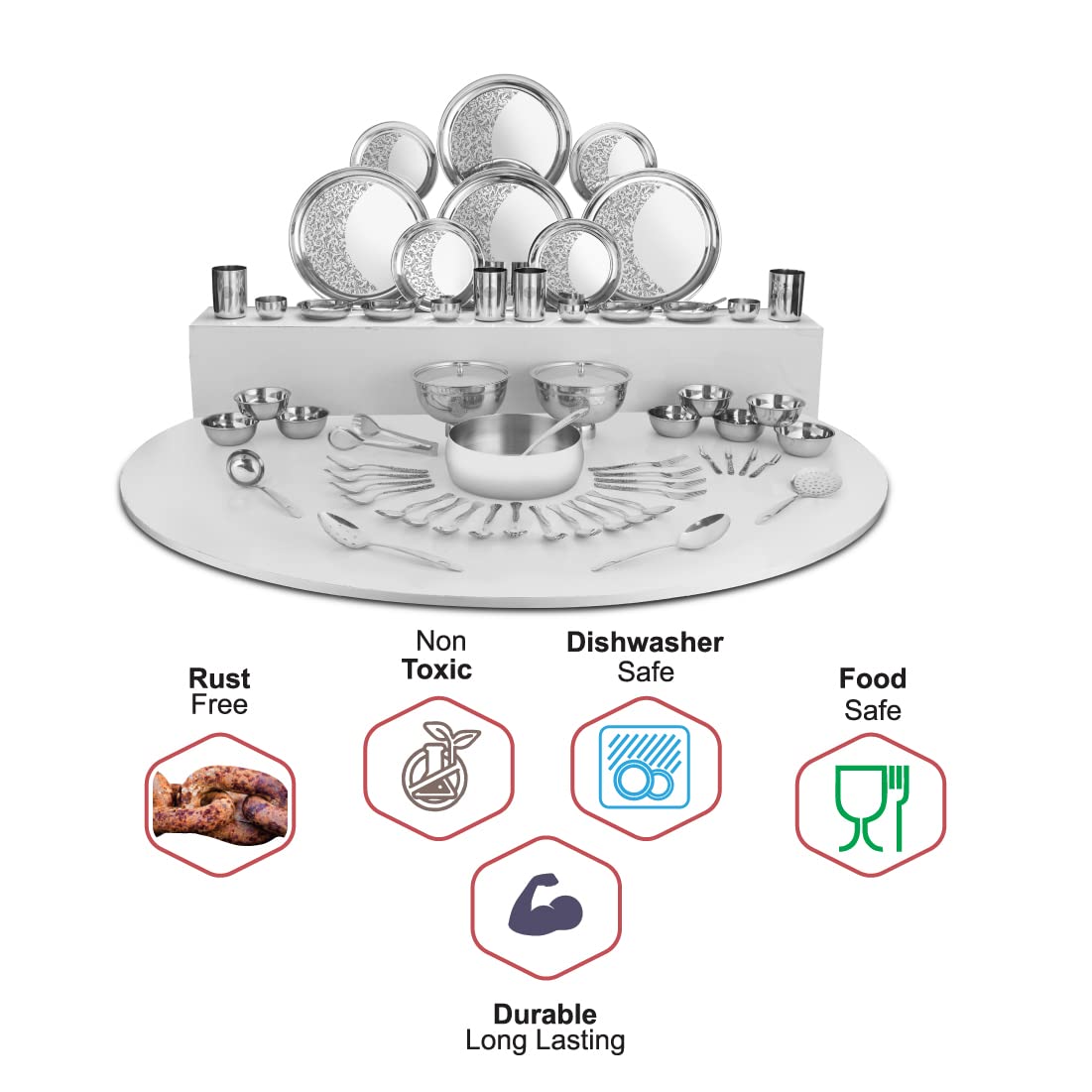 Designer Stainless Steel Floral Shagun Laser Bloom Dinner Set Of 65 Pieces, Silver | Easy To Clean & Dishwasher Safe