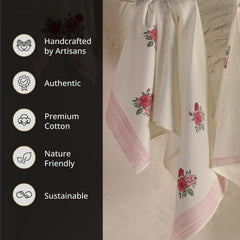 Peepul Tree Block Printed Hand & Bath Towels 240 Gsm | Super Absorbent, Soft & Faster Drying, Floral Printed 100% Pure Cotton (White & Pink Roses)