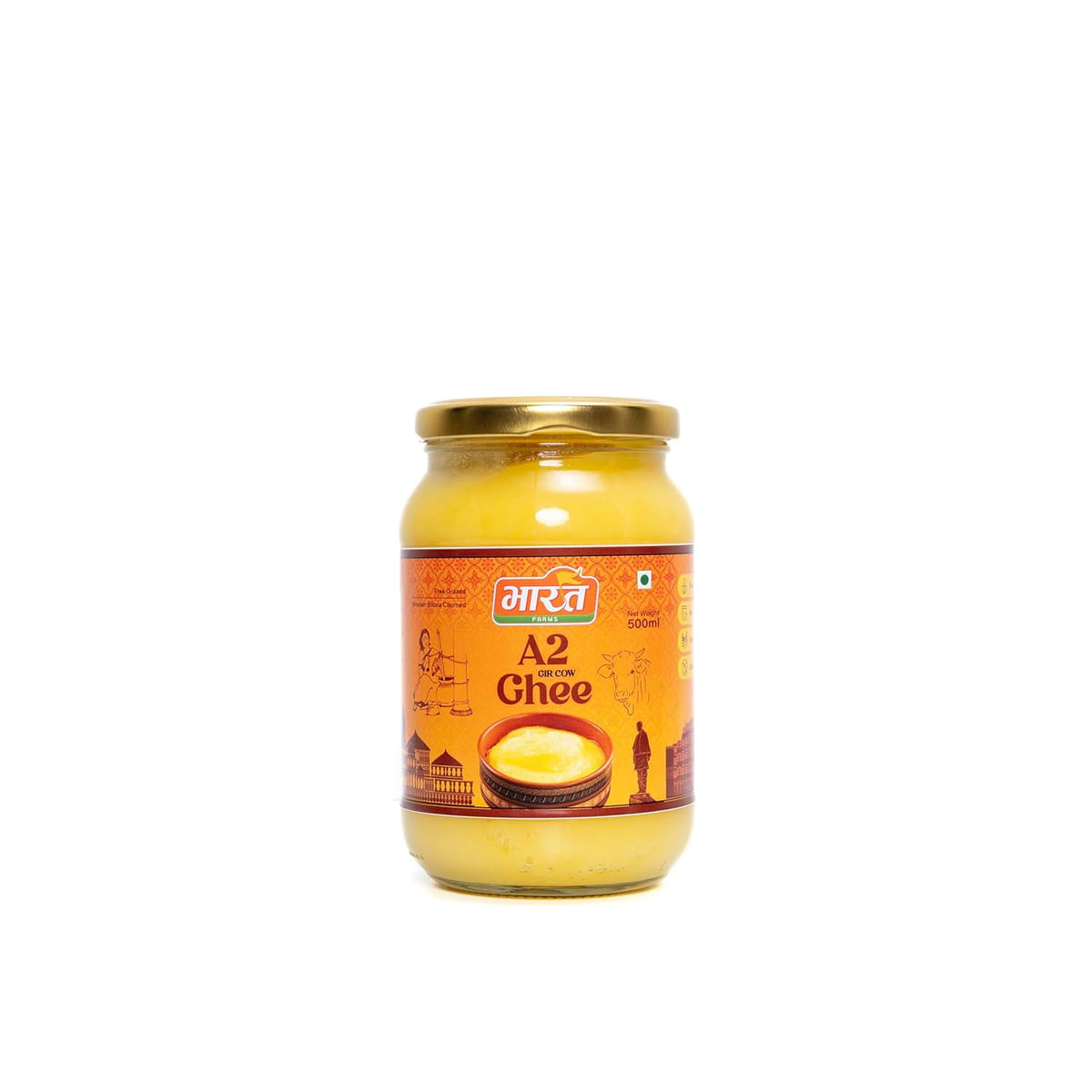 Pure Natural A2 Gir Cow Ghee By Bharatfarms | Traditional Curd Churned Vedic Bilona Method Danedar Ghee For Heart Health | (500ml) 16.9 Ounce | Jar Pack