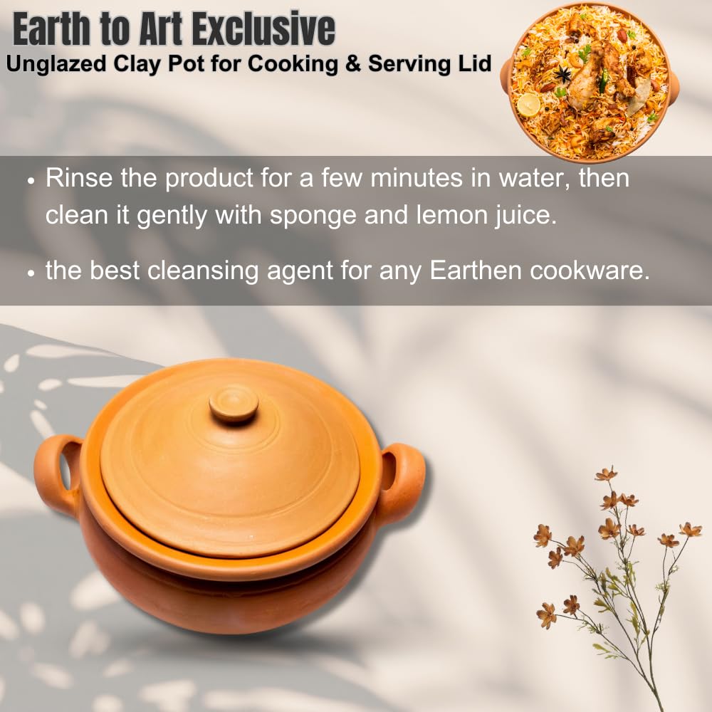 Exclusive Range Unglazed Clay Pot For Cooking & Serving Lid, Red-Ochre (Gerua) | Earthen Kadai - Mud Biryani Handi | Mitti Ke Bartan Mirror Shine 2.5 Liters, 1 Piece