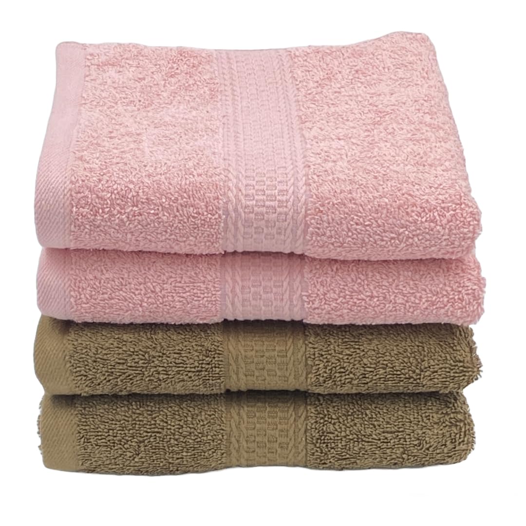 Patpug 100% Indian Ultra Soft Cotton Hand Towel 500 Gsm | For Gym, Workout, Yoga, Wash Basin (Sepia Brown & Baby Pink) -4 Piece