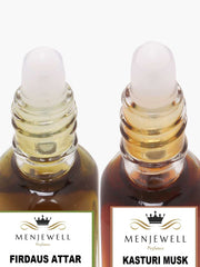 Menjewell Kasturi Musk + Firdaus Attar Perfume 5ml 0.17 Fl.oz. Each Pack Of 2 Unisex Fragrance | Long Lasting | Alcohol Free