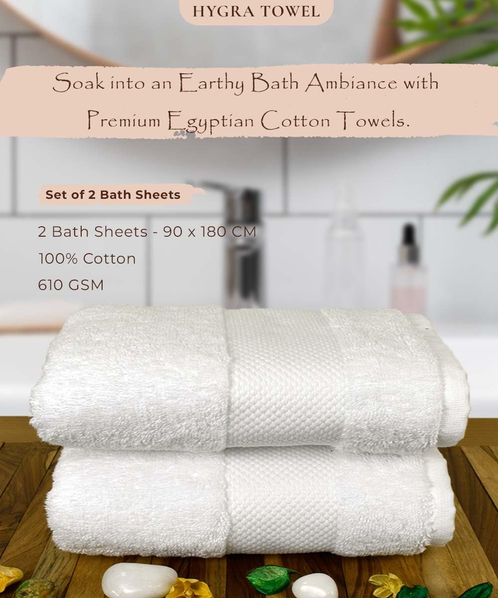 Rangoli Soft Absorbent Durable Towels Earthly Egyption Cotton Plush Oversized Large Size Bath Towel 1200 Gsm (White)- Pack Of 2