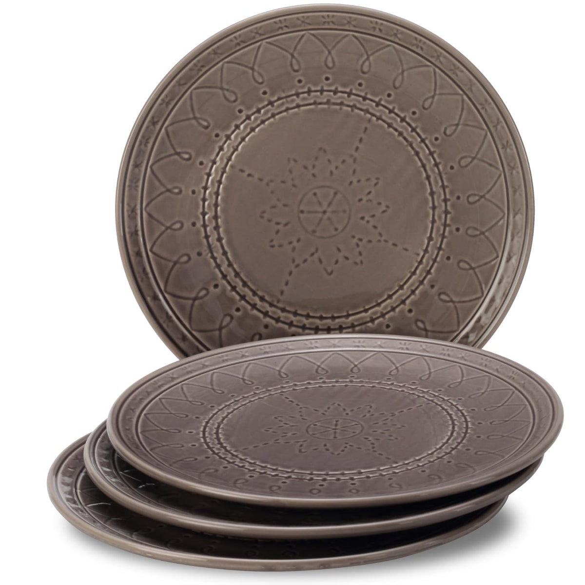 Ceramic Hand Glazed Stoneware Embossed Large Dinner Plates Set Of 4 - 10.6 Inch, Ash Grey | Microwave Safe & Dishwasher Safe