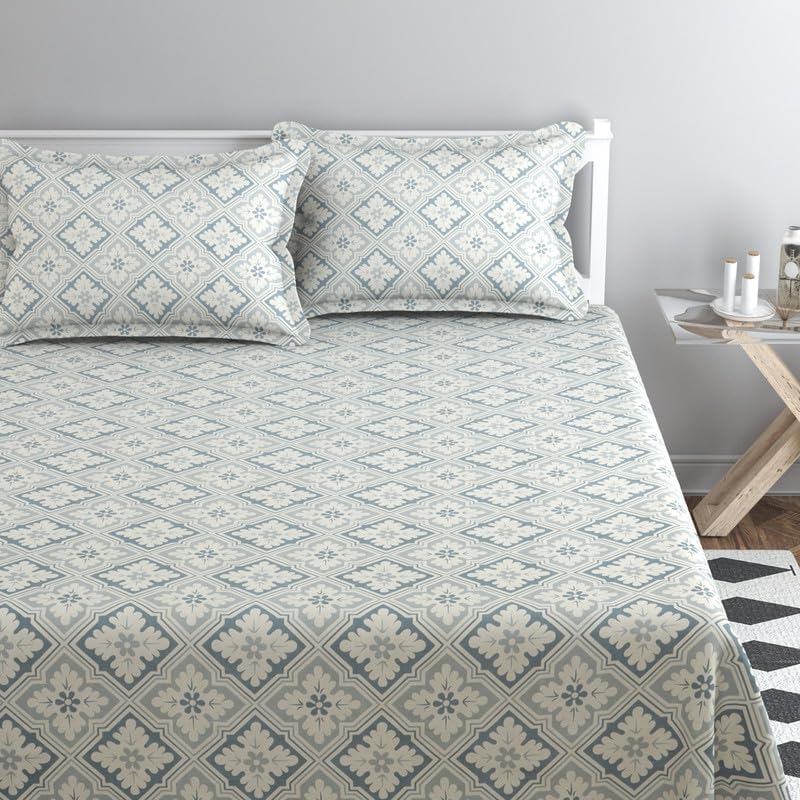 Elastic Fitted Bedsheets With 2 Pillow Covers - Size-72x78+8 Inches, White & Grey | King Size Bed With All Around Elastic 220 TC Super Soft
