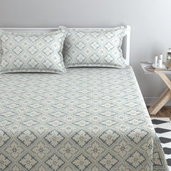 Elastic Fitted Bedsheets With 2 Pillow Covers - Size-72x78+8 Inches, White & Grey | King Size Bed With All Around Elastic 220 TC Super Soft