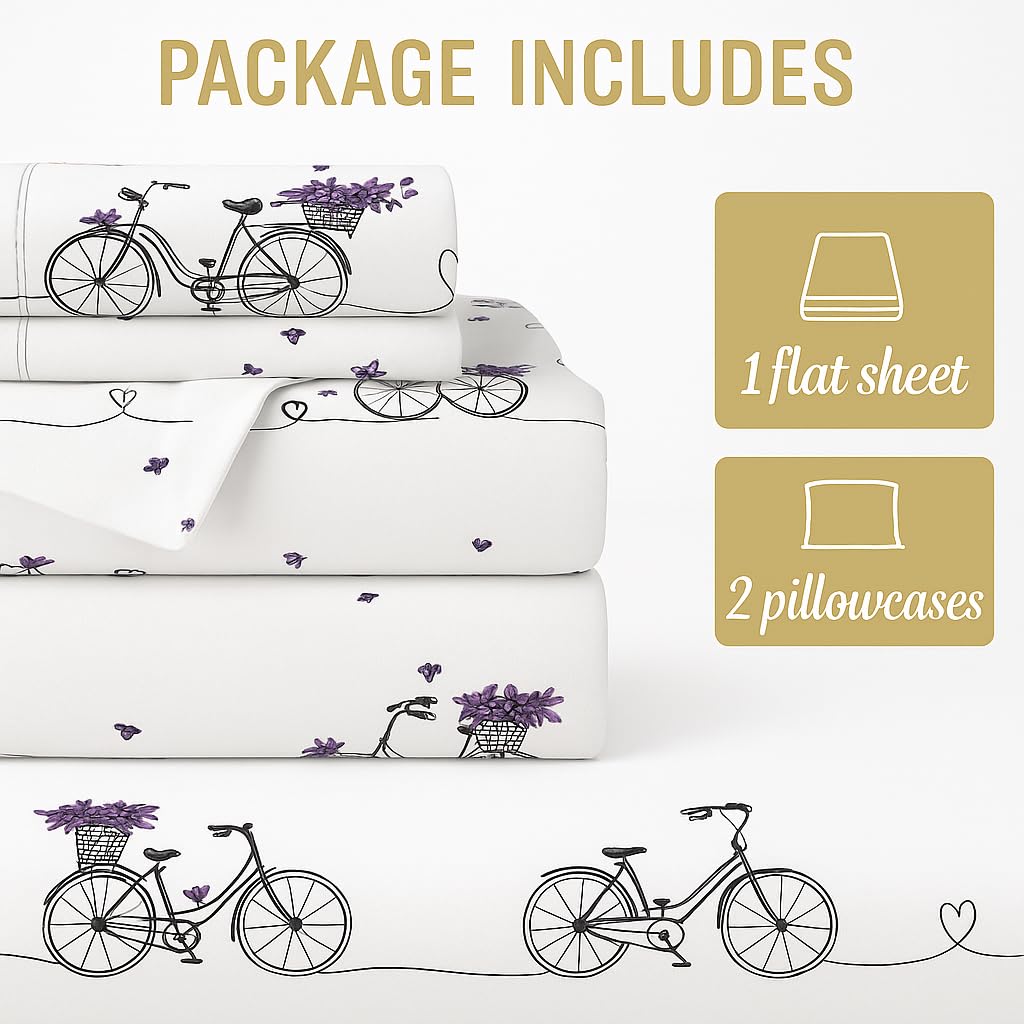 King Bedsheet For Includes Pillow Covers - 102 X 108 Inches, White | Fun & Colorful City Bicycle Print - Soft, Wrinkle-Free & Cozy Bedding