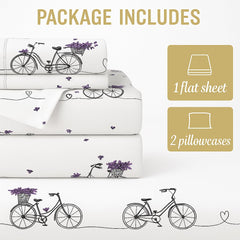 King Bedsheet For Includes Pillow Covers - 102 X 108 Inches, White | Fun & Colorful City Bicycle Print - Soft, Wrinkle-Free & Cozy Bedding