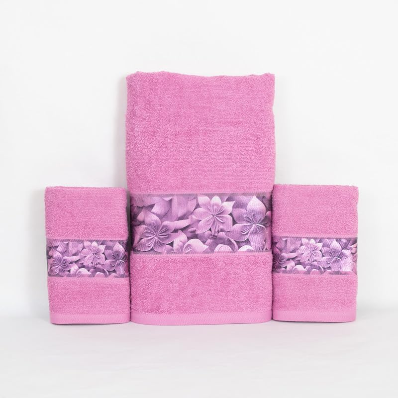 Rangoli 100% Cotton Fibre 1 Bath & 2 Hand Towels 900 Gsm | Highly Durable & Absorbent With Printed Border | Quick Drying Towels (Pink)
