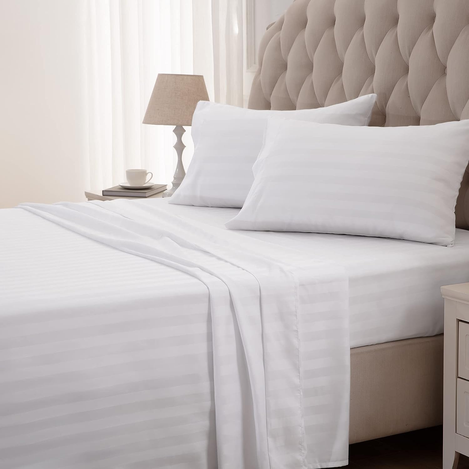 Striped King Size Fitted Bedsheet With 2 Pillow Cover - 72 X 78 + 12 Inches, White | Comfortable, Wrinkle Resistant, Fade Resistant & Environmentally Friendly