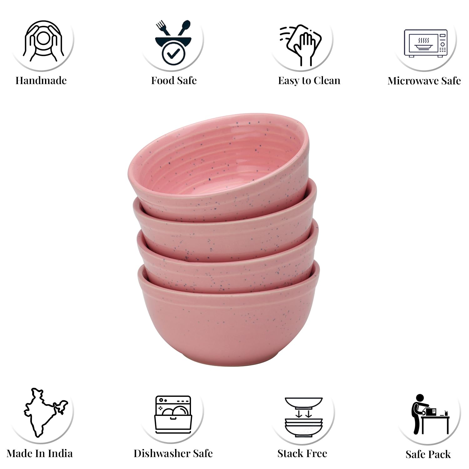 Reactive Hand Glazed Ceramic Serving Small Bowl Set Of 4 - 180ml Each, Blush Pink | Microwave & Dishware Safe - Serving Katori Set