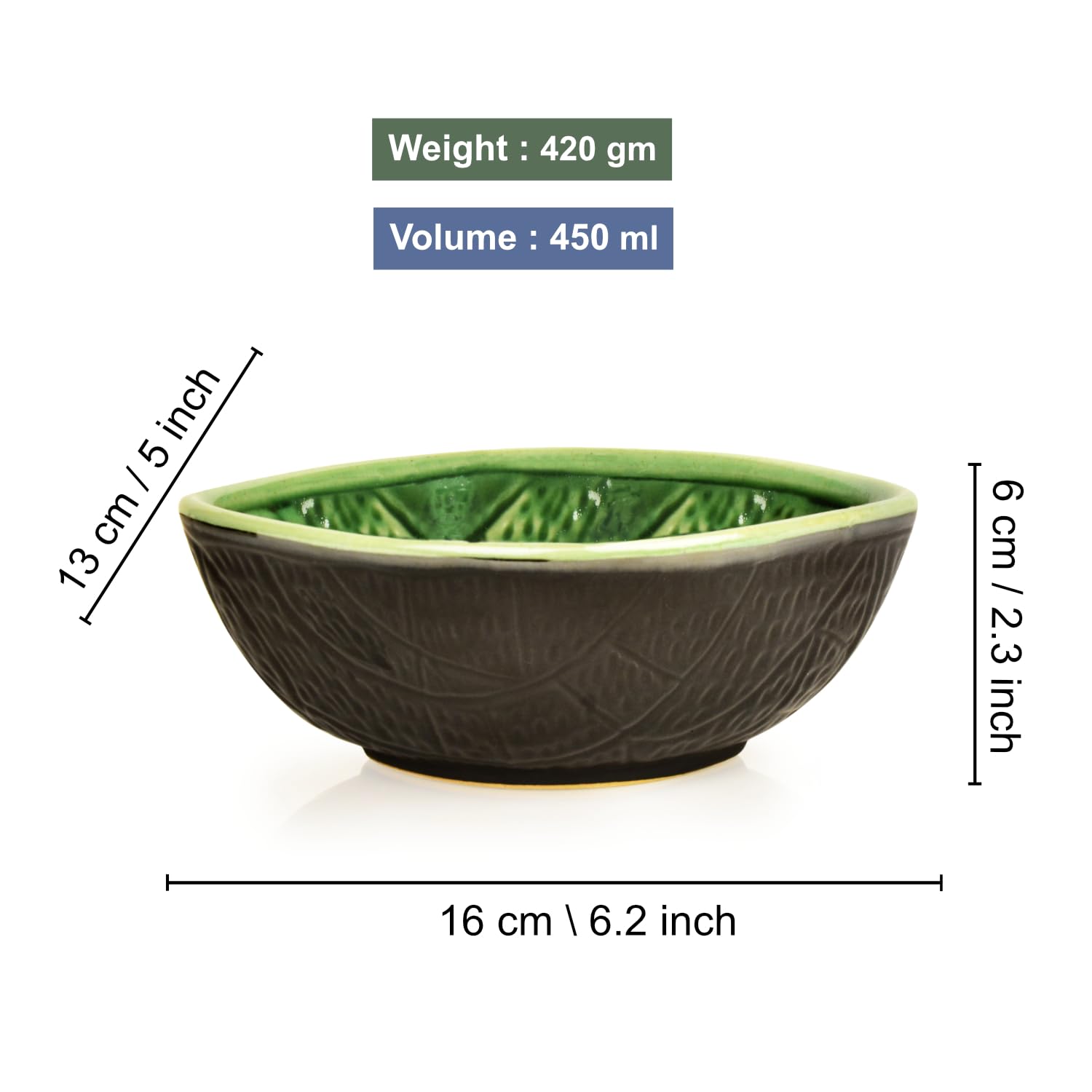 Studio Pottery Almond Shaped Ceramic Nut Bowls Set Of 2 - 450ml Each, Green & Black | Cookies, Dry Fruits, Sweets, Snack Serving Bowls - Party Bowls