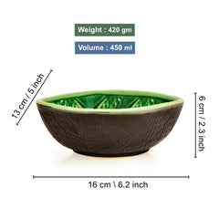 Studio Pottery Almond Shaped Ceramic Nut Bowls Set Of 2 - 450ml Each, Green & Black | Cookies, Dry Fruits, Sweets, Snack Serving Bowls - Party Bowls