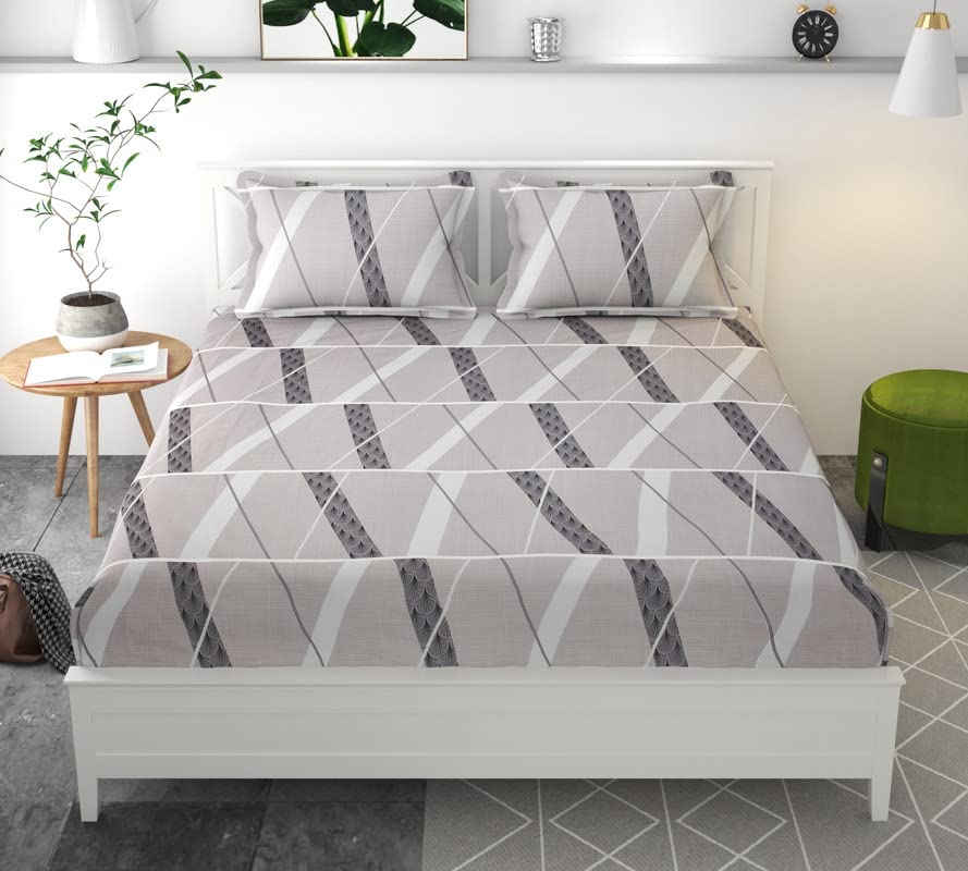 Double Bed Bedsheet With 2 King Size Pillow Covers - 90 X 90 Inches, Grey & White | Designer Printed 220 TC Cotton Feel For Summer Double Bed