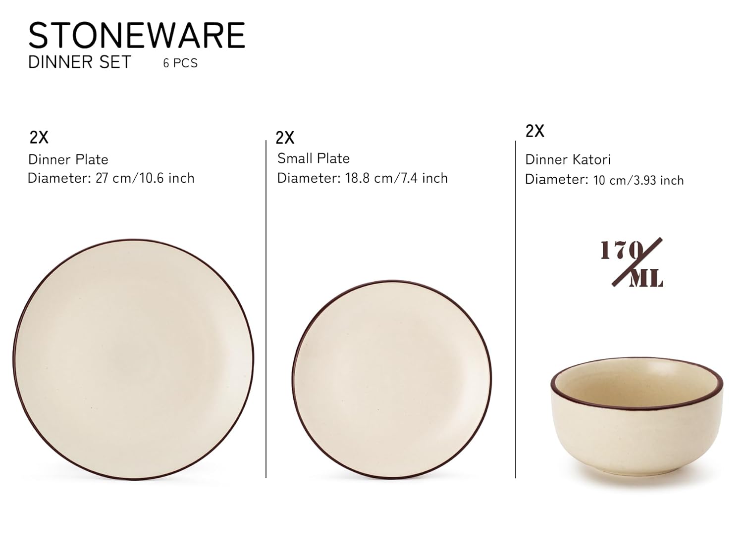 Handcrafted Ceramic Stoneware Dinner Set Of 6 Pcs - Off White | 2 Dinner Plates, 10.6 Inch Each + 2 Small Plates, 7.4 Inch Each + 2 Dinner Katori, 170ml Each | Microwave & Dishwasher Safe