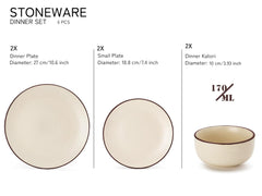 Handcrafted Ceramic Stoneware Dinner Set Of 6 Pcs - Off White | 2 Dinner Plates, 10.6 Inch Each + 2 Small Plates, 7.4 Inch Each + 2 Dinner Katori, 170ml Each | Microwave & Dishwasher Safe