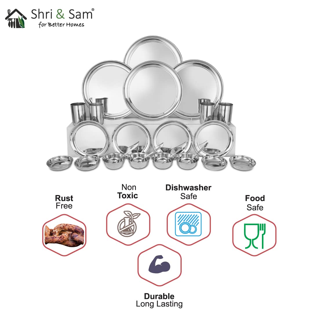 Stainless Steel Shagun Solid Dinner Set Of 24 Pcs, Silver | 4 Dinner Plates+ 4 Side Plates+ 4 Glasses+ 4 Dinner Spoon+ 4 Bidding Bowl+ 4 Pudding Bowl