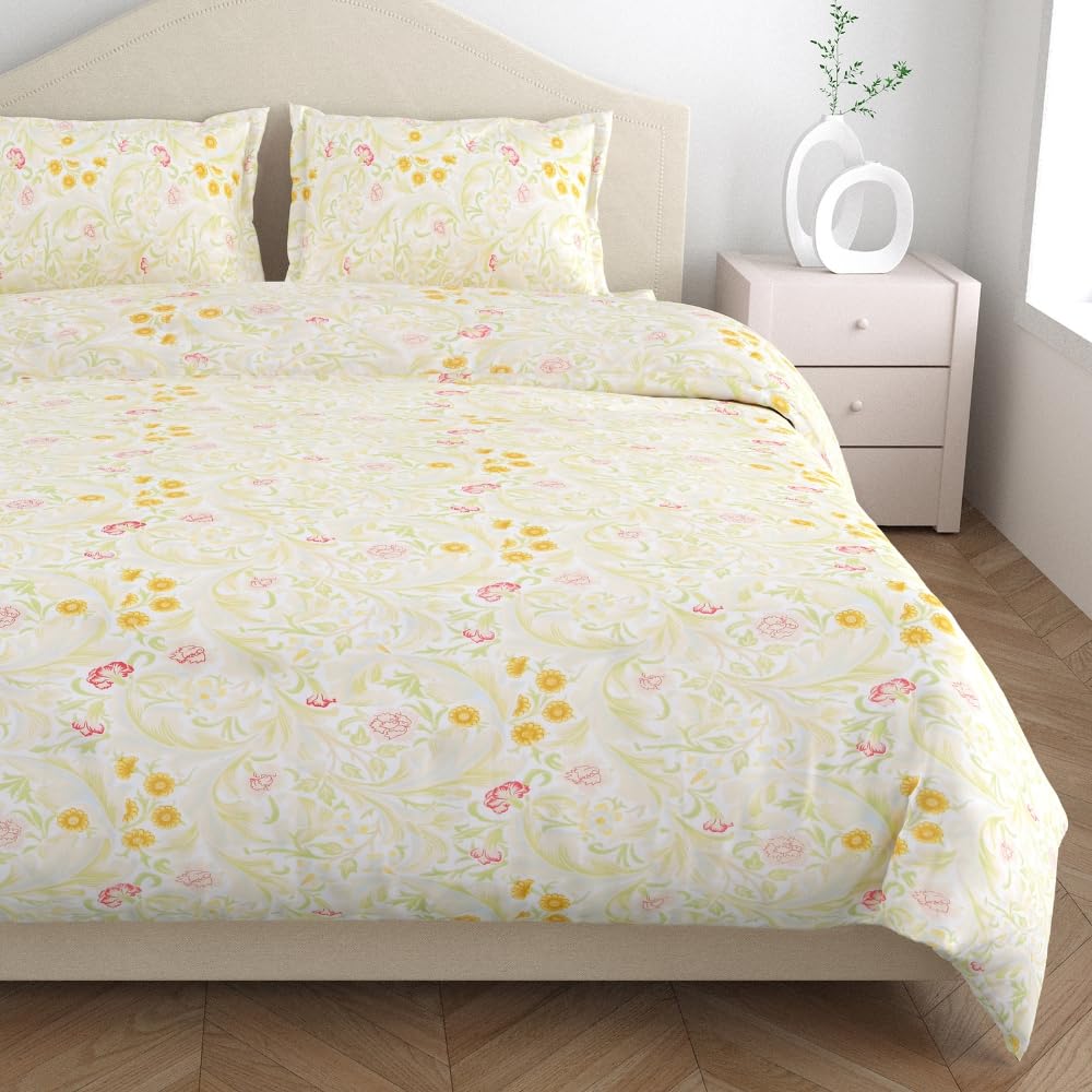 Flat Bedsheet Queen Size Bed With 2 Pillow Covers - 100 X 90 Inches, Cream & Yellow | Soft, Breathable & Durable | Skin-Friendly & Durable