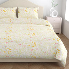Flat Bedsheet Queen Size Bed With 2 Pillow Covers - 100 X 90 Inches, Cream & Yellow | Soft, Breathable & Durable | Skin-Friendly & Durable
