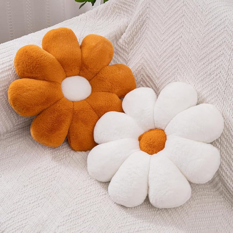 Flower Pillow, Floor Cushions, Sun Flower Shaped Throw Pillow, White & Brown - 40 Cm | Flower Pillow Brown & White Sunflower Plush Pillow | Cute Room Decorative Pillow For Sofa - Pack Of 2
