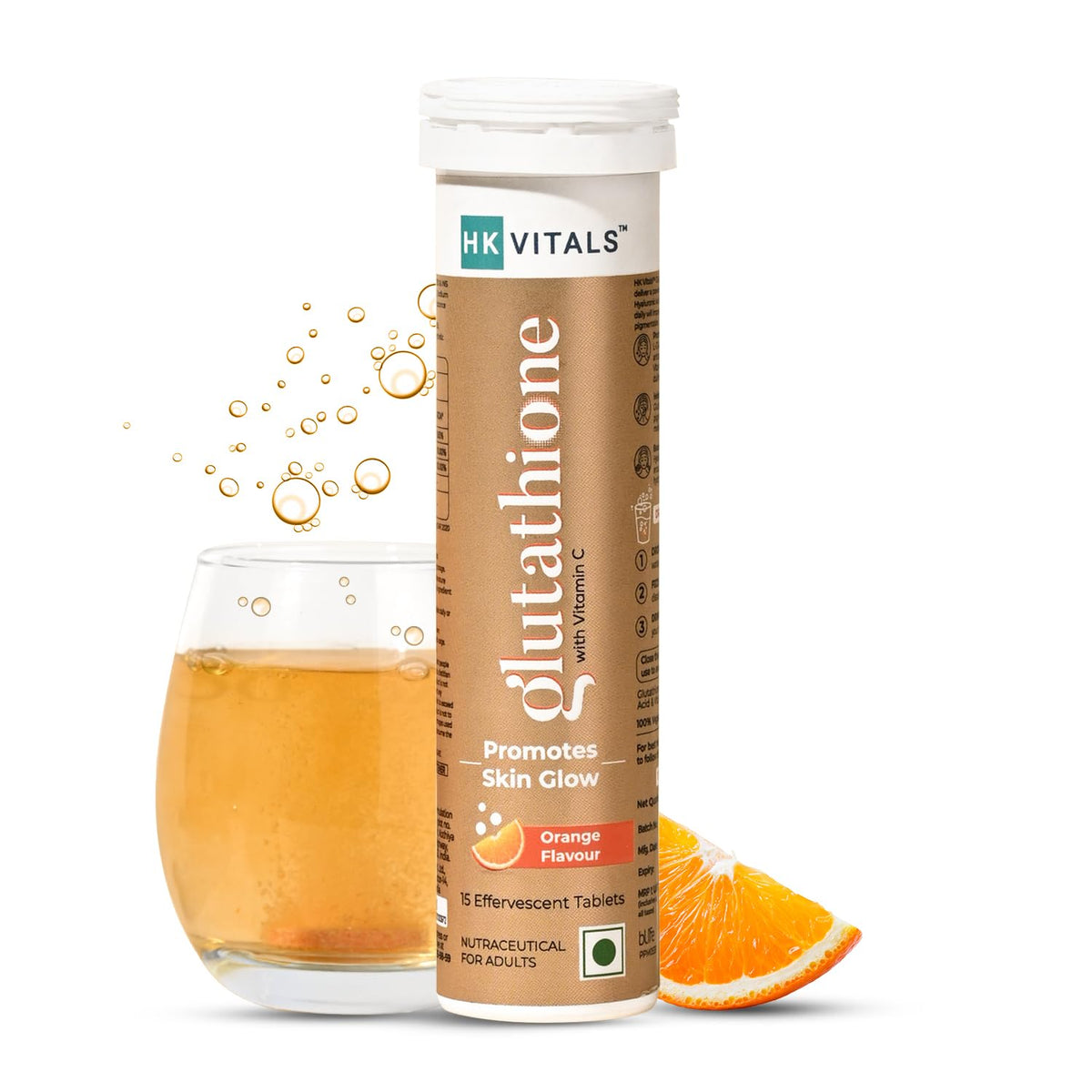Healthkart Hk Vitals , L- Glutathione Tablets With Vitamin C & E, For Skin Glow & Hydration, No Added Sugar | Orange Flavour , 15 Effervescent Tablets , 50gm 0.1lbs