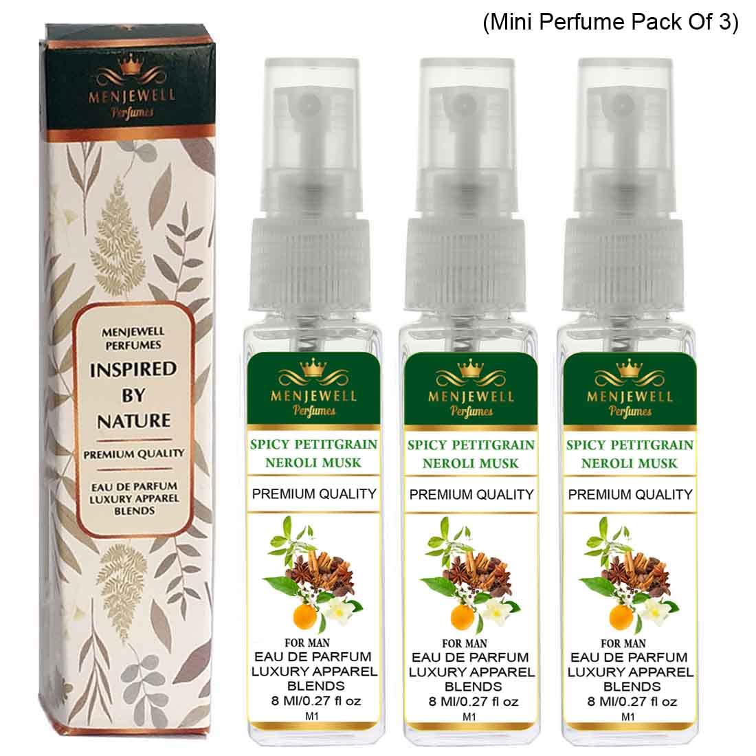 Menjewell Spicy Petitgrain Neroli Musk Eau De Parfum For Man 8ml 0.27 Fl.oz. Each Pack Of 3 | Luxury Apparel Parfum | Long Lasting