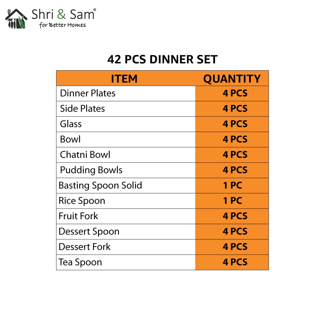 Stainless Steel Delight Dinner Set Of 42 Pieces, Silver | 4 Dinner Plates+ 4 Side Plates+ 4 Glasses+ 12 Bowls+ 1 Basting Spoon+ 1 Rice Spoon+ 4 Dessert Spoons+ 8 Fork+ 4 Tea Spoons